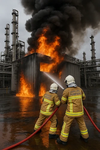 Extinction d'un incendie dans une raffinerie.