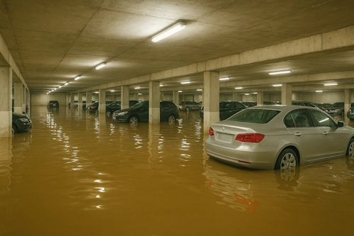 Inondation dans un parking souterrain.